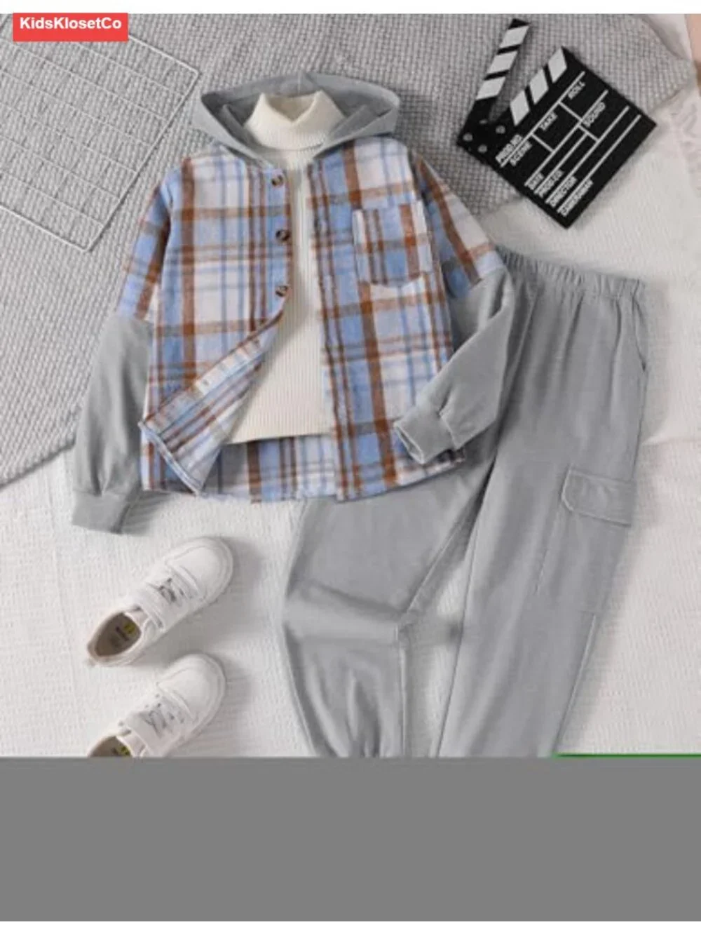 Boys 2-Piece Sweatsuit Set Hoodie Flannel Plaid Shirt and Jogger Pants